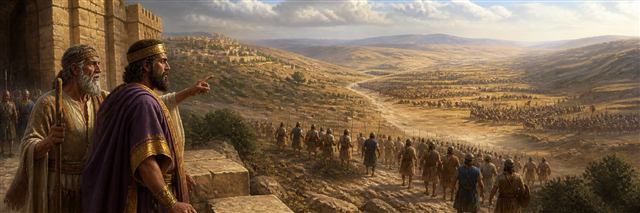 A prophet advising King Ahab as Israel’s small force faces a vast Aramean army